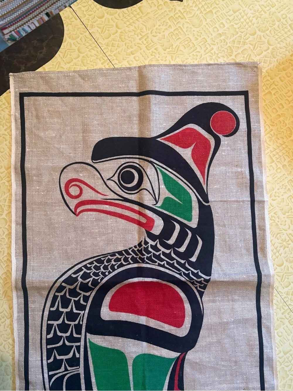 Vintage Kwakuitl Thunderbird by C. Harper Linen Hand Towel Beige & Green - Picture 3 of 8